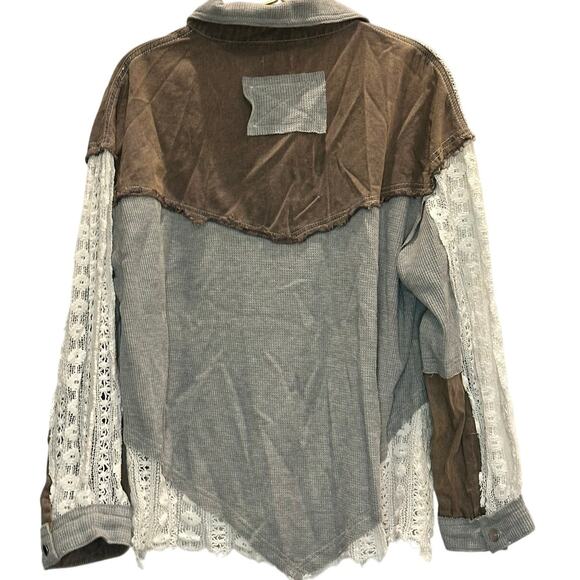 POL – Lace Panel Button-Down Shirt – Brown/Grey – Size Medium - Picture 4 of 4